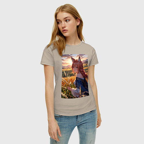 Женская футболка Девушка-волчица посреди поля пшеницы / Миндальный – фото 3