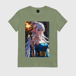 Футболка хлопковая женская Прекрасная эльфийка-маг с шаром огня, цвет: авокадо
