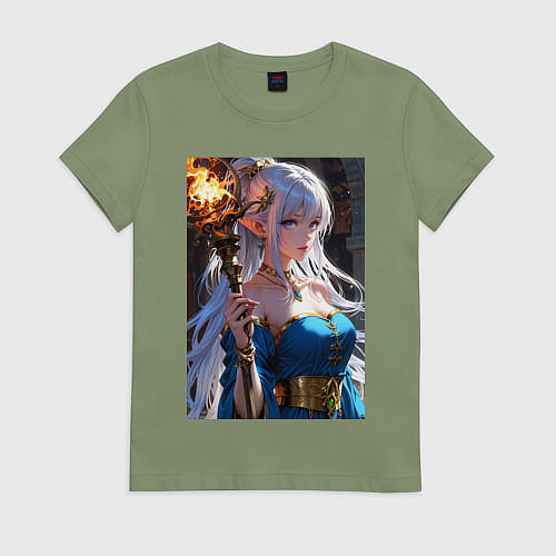 Женская футболка Прекрасная эльфийка-маг с шаром огня / Авокадо – фото 1