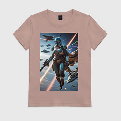 Футболка хлопковая женская Девушка-мандалорец в космосе, цвет: пыльно-розовый