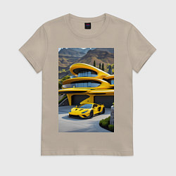 Футболка хлопковая женская Желтый суперкар у дома, цвет: миндальный