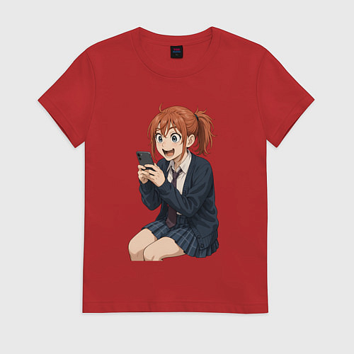 Женская футболка Сиратори Айра сидит в телефоне / Красный – фото 1
