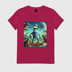 Футболка хлопковая женская Робот-сгибальщик Бендер с пистолетом среди крокоди, цвет: маджента