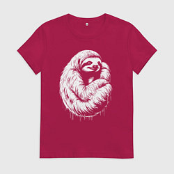 Футболка хлопковая женская Ленивец белой краской, цвет: маджента
