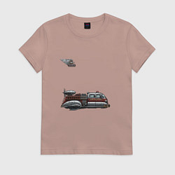 Футболка хлопковая женская Летающая пожарная машина ретрофутуризм, цвет: пыльно-розовый