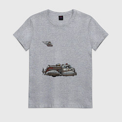 Футболка хлопковая женская Ретрофутуризм летающая пожарная машина, цвет: меланж