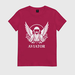 Футболка хлопковая женская Авиатор с крыльями и цветами, цвет: маджента
