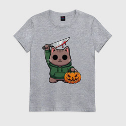 Футболка хлопковая женская Котик с ножом и тыквой, цвет: меланж