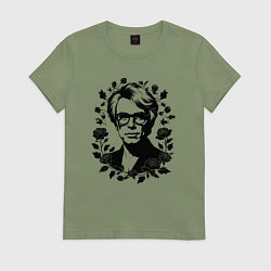 Футболка хлопковая женская Энди Уорхол в цветочном обрамлении, цвет: авокадо