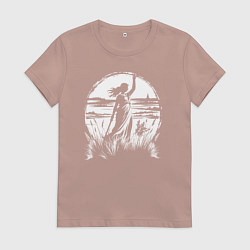 Футболка хлопковая женская Девушка с мечом в поле, цвет: пыльно-розовый