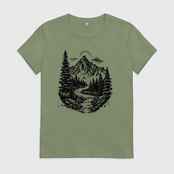 Футболка хлопковая женская Горный расвет в лесу, цвет: авокадо