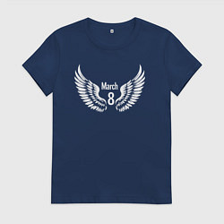 Футболка хлопковая женская 8 марта с крыльями, цвет: тёмно-синий