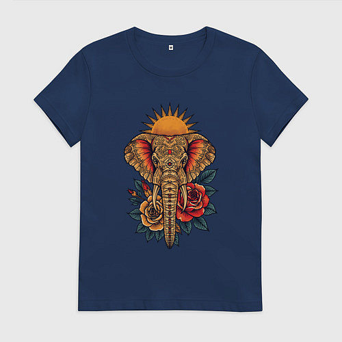 Женская футболка Слон на фоне солнца с розами в стиле тату / Тёмно-синий – фото 1