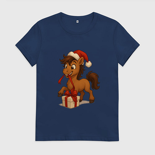 Женская футболка Лошадка распаковывает подарок / Тёмно-синий – фото 1