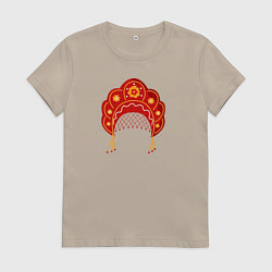 Футболка хлопковая женская Старинный русский головной убор кокошник, цвет: миндальный