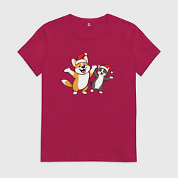 Футболка хлопковая женская Друзья корги и кот в новогоднем настроении, цвет: маджента