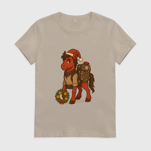 Женская футболка Новогодняя лошадка в поисках приключений / Миндальный – фото 1