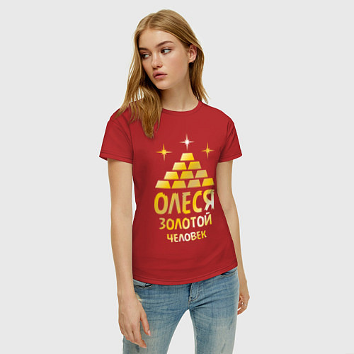 Женская футболка Олеся - золотой человек (gold) / Красный – фото 3