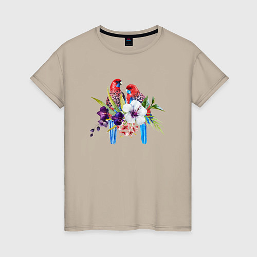 Женская футболка Попугаи с цветами / Миндальный – фото 1