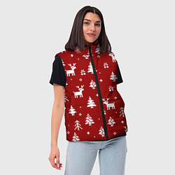 Женский жилет Новогодние олени и елки на красном фоне, цвет: 3D-черный — фото 2