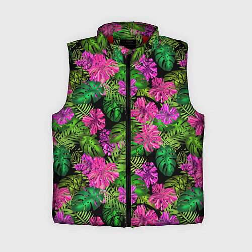 Женский жилет Тропические листья и цветы на черном фоне / 3D-Красный – фото 1