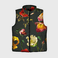 Женский жилет Цветы Нарисованные Красные Розы и Лилии На Коричне, цвет: 3D-красный