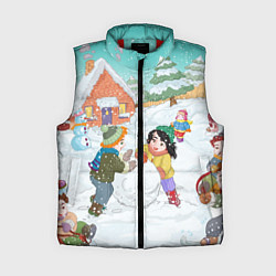 Женский жилет Новогодние каникулы - дети лепят снеговика, цвет: 3D-красный