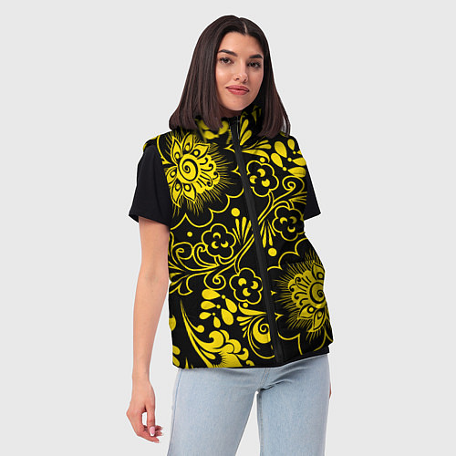 Женский жилет Хохломская роспись золотые цветы на чёроном фоне / 3D-Светло-серый – фото 3