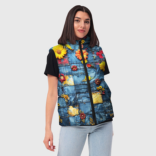 Женский жилет Подсолнухи на джинсах / 3D-Светло-серый – фото 3