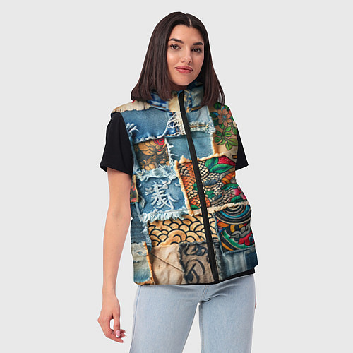 Женский жилет Японские мотивы на дениме / 3D-Светло-серый – фото 3