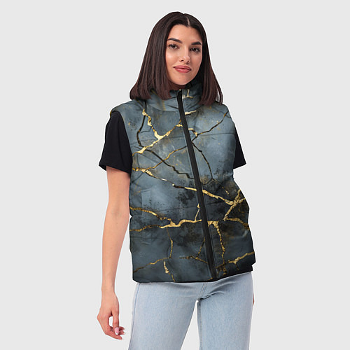 Женский жилет Золотые линии на серо-голубом фоне / 3D-Светло-серый – фото 3