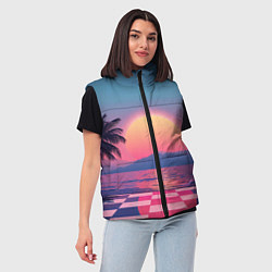 Женский жилет Пальмы на шахматном полу с видом на закат, цвет: 3D-светло-серый — фото 2