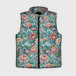 Женский жилет Пионы паттерном садовые крупные цветы, цвет: 3D-светло-серый