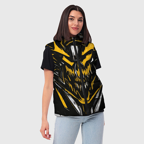 Женский жилет Жёлто-белое абстрактное лицо на чёрном фоне / 3D-Светло-серый – фото 3
