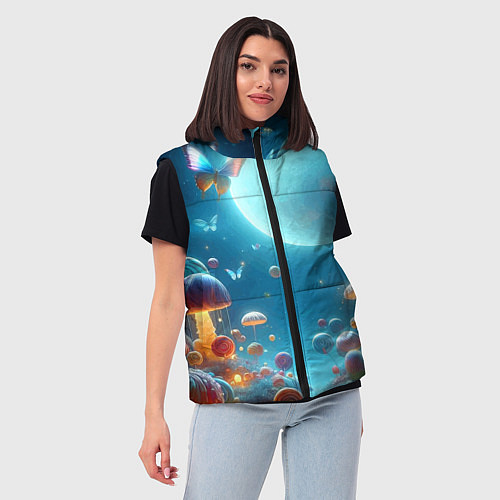Женский жилет Сказочные грибы и бабочки под луной - фантазия / 3D-Светло-серый – фото 3