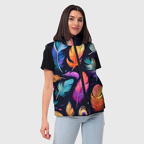 Женский жилет Разноцветные переливающиеся перья / 3D-Светло-серый – фото 3