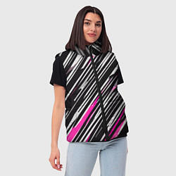 Женский жилет Диагональные розово-белые полосы на чёрном фоне, цвет: 3D-черный — фото 2