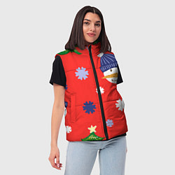 Женский жилет Новогодний узор со снеговиком и снежинками, цвет: 3D-красный — фото 2