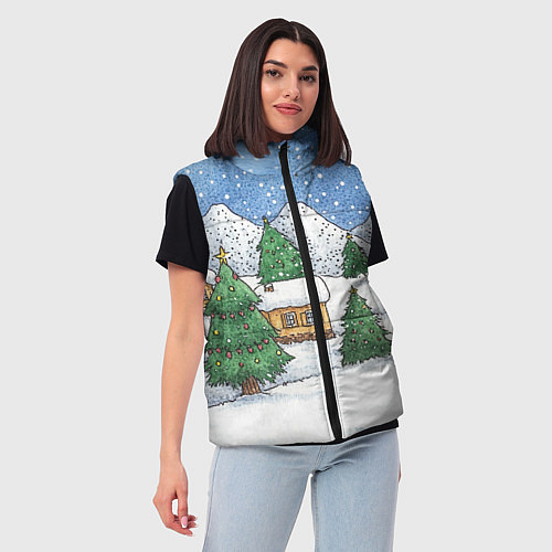 Женский жилет Домики и елки - новый год / 3D-Светло-серый – фото 3