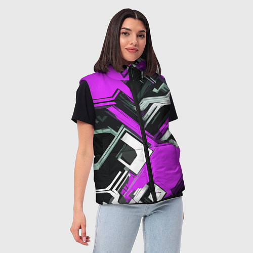 Женский жилет Бело-фиолетовый техно паттерн на чёрном фоне / 3D-Светло-серый – фото 3