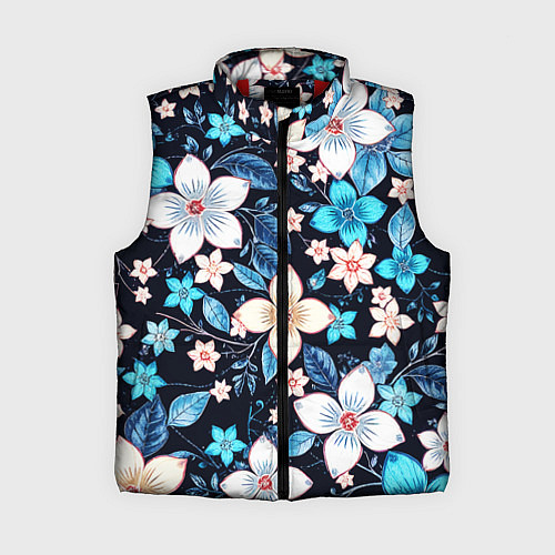 Женский жилет Сине-белые цветы на чёрном фоне / 3D-Красный – фото 1
