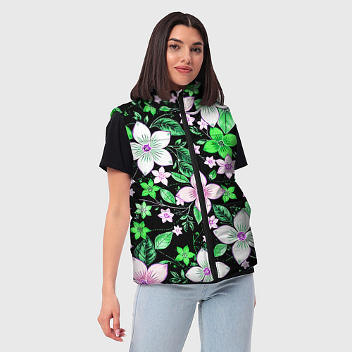 Женский жилет Зелёно-белые цветы на чёрном фоне / 3D-Светло-серый – фото 3