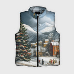 Женский жилет Новогодняя огромная елка и маленькие домики, цвет: 3D-светло-серый