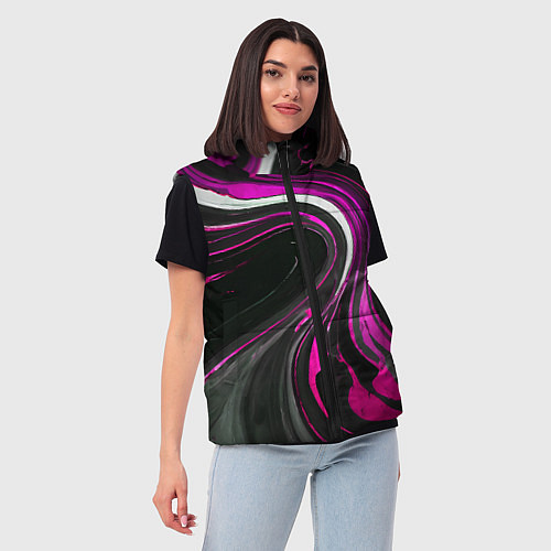 Женский жилет Волнистые бело-розовые линии на чёрном фоне / 3D-Светло-серый – фото 3