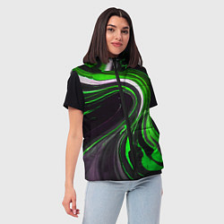 Женский жилет Волнистые бело-зелёные линии на чёрном фоне, цвет: 3D-черный — фото 2