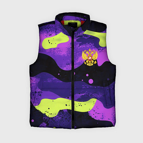 Женский жилет Черно-фиолетовый камуфляж и золотой герб РФ / 3D-Красный – фото 1