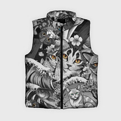 Женский жилет С котами и рыбой на фоне сакуры в волнах, цвет: 3D-черный