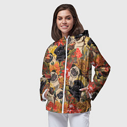 Ветровка с капюшоном женская Мопсики Цветочки, цвет: 3D-белый — фото 2