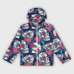 Ветровка с капюшоном женская Реалистичные черепа с розами, цвет: 3D-белый
