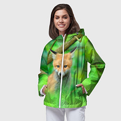 Ветровка с капюшоном женская Лисенок в зеленом лесу, цвет: 3D-белый — фото 2